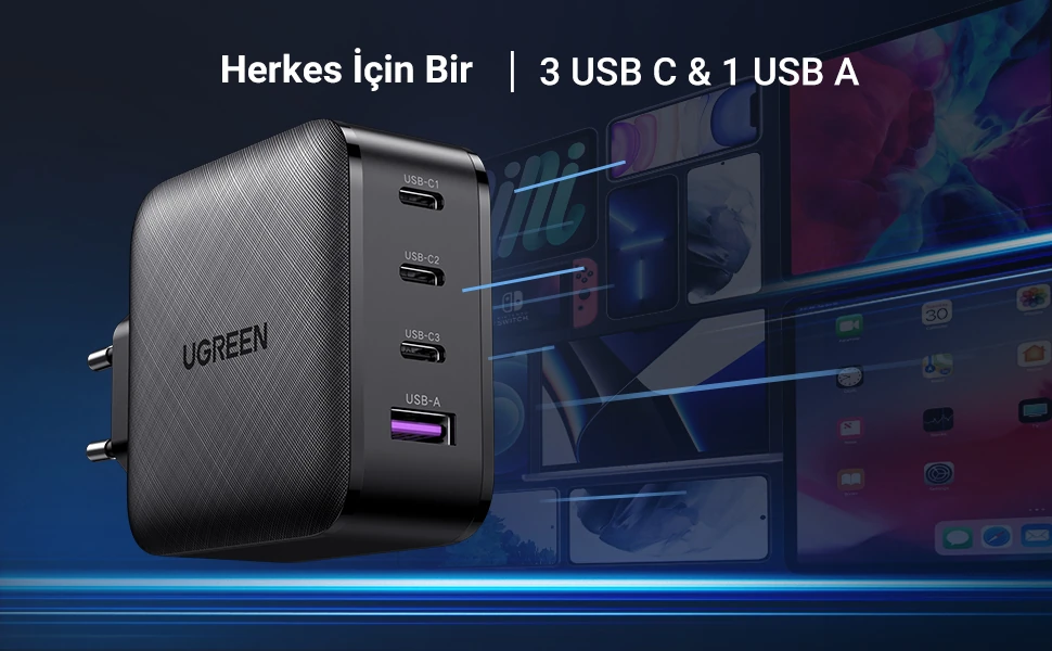 Ugreen Gan X 65W 3 Type C PD ve USB Hızlı Şarj Cihazı 2024  tanıtım (7)